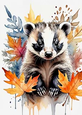 Badger with autumn leaves