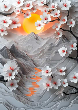 Papercraft Mountain And Sakura Landscape