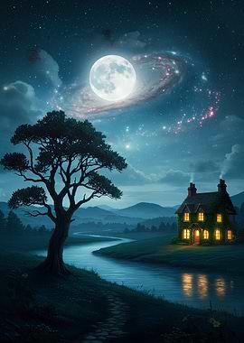 Nighttime Cottage by the River