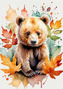 Bear cub with autumn leaves