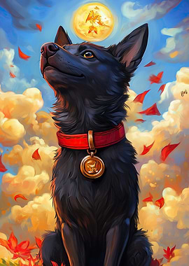 Black Dog with Golden Medallion