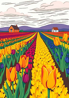 Colorful Dutch Tulip Field