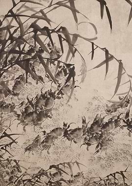 Ink Painting of Crabs and Bamboo