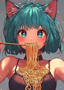 Anime Girl Eating Noodles