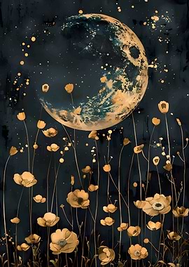 Golden Moon & Flowers