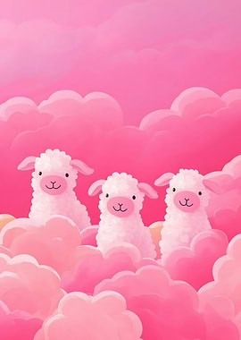 Three Sheep in Pink Clouds