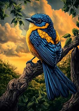 Blue and Yellow Bird on Branch