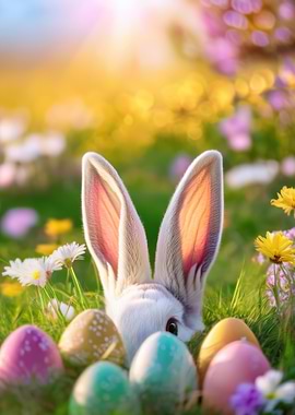 Easter bunny peeking behind eggs