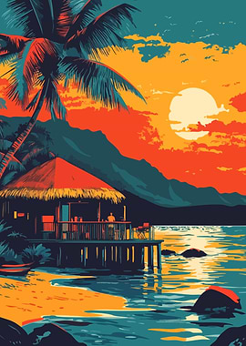Tropical Sunset Beach Hut Hawaii Art