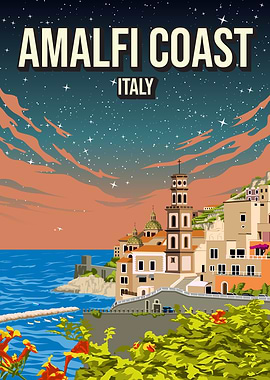 Amalfi Coast Italy Poster at Night