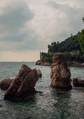 Serene Coastal Landscape with Stone Tower