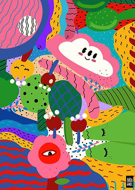 COLORFUL PATTERN HAPPY CLOUD TREES MOUNTAINS