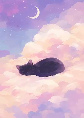 Black Cat Sleeping on Clouds