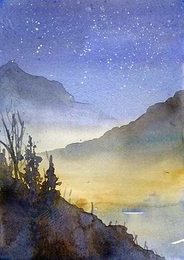 Night Sky Mountain Watercolor