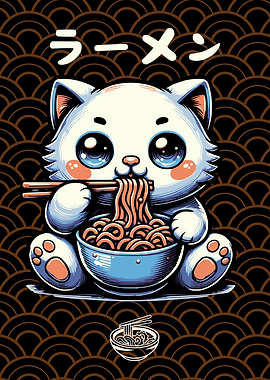 Cute Cat Eating Ramen