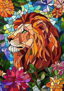 Lion in Flowers Stained Glass