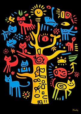 Cat Tree of Life Whimsical Abstract Feline Art