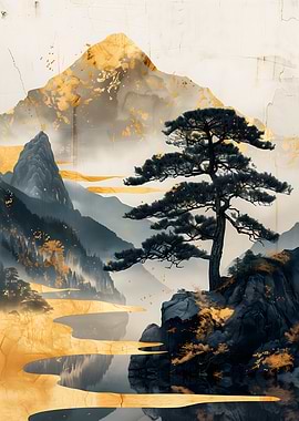 Golden Mountain Asian Japanese Landscape
