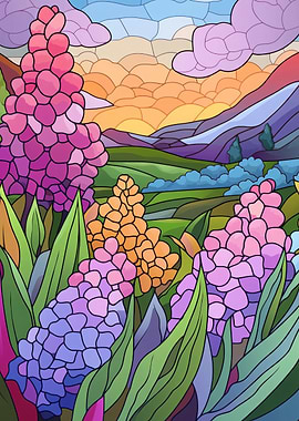 Stained Glass Sunset Landscape