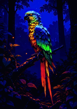 Majestic Tropical Parrot in Enchanted Forest | Vibrant Blue, Green, and Red Feathers | Nature and Wildlife Art