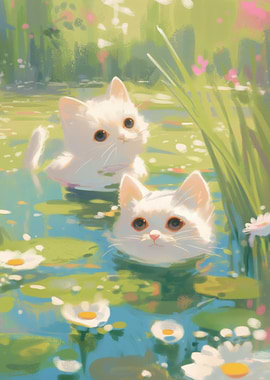 Two White Kittens in a Pond