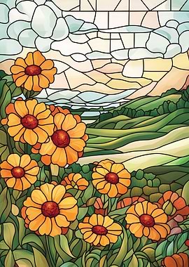 Stained Glass Flowers & Landscape