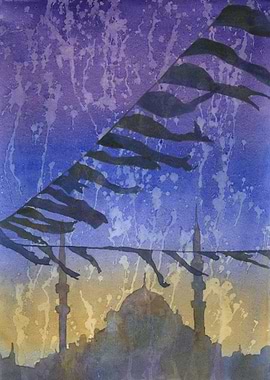 Silhouetted Mosque Watercolor Istanbul