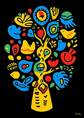 Crazy Tree of Life with Birds Vibrant Abstract Nature Art