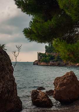 Coastal Serenity with Tower and Pine Tree