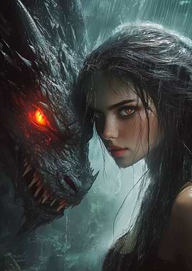 Dragon and Woman in Rain