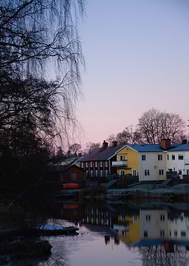 Riverfront Houses at Dusk