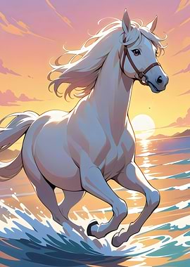 White Horse Running on Beach