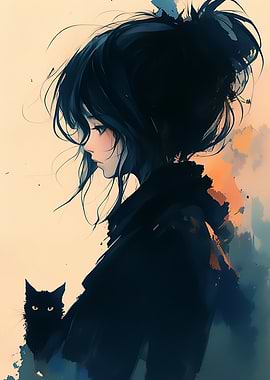 Anime Girl with Black Cat