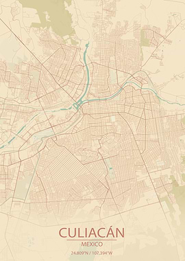 Culiacán Mexico Vintage Style City Map