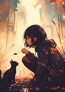 Anime Girl with Black Cat