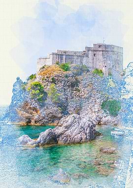 Coastal Fortress Watercolor