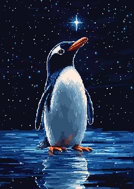 Cute Penguin and Stars Pixel Art