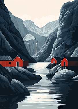 Red Cabins in Fjord