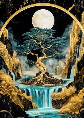 Golden Waterfall Moon