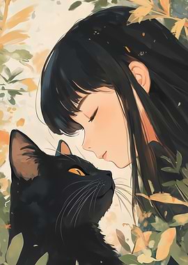 Anime Girl and Black Cat