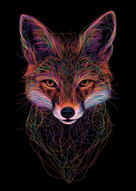 Fox Line Art, Neon Line art Fox Portrait