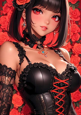 Anime Girl in Red Roses