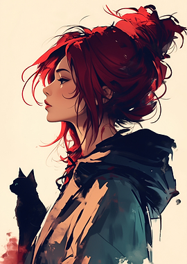 Redhead with Black Cat