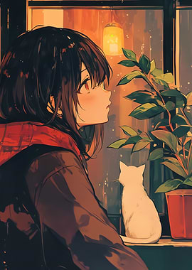 Anime Girl and Cat by Window