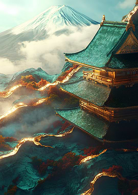 Golden Temple on Mountain Kintsugi Art