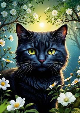 Black Cat in Flowers