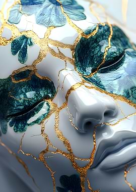 Gold and Teal Face Kintsugi Art