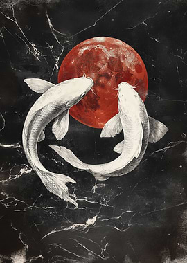 Koi Fish and Blood Moon