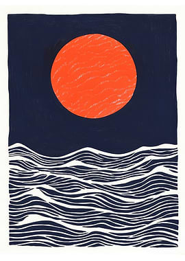 Red Sun Over Waves Minimalist Sunset Art