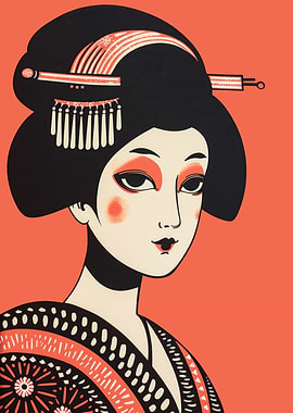Japanese Geisha Woodblock Illustration
